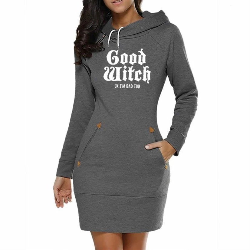 Vestido con capucha para mujer, ropa larga con estampado de letras de buena bruja, Sudadera con capucha para chica, Top de otoño
