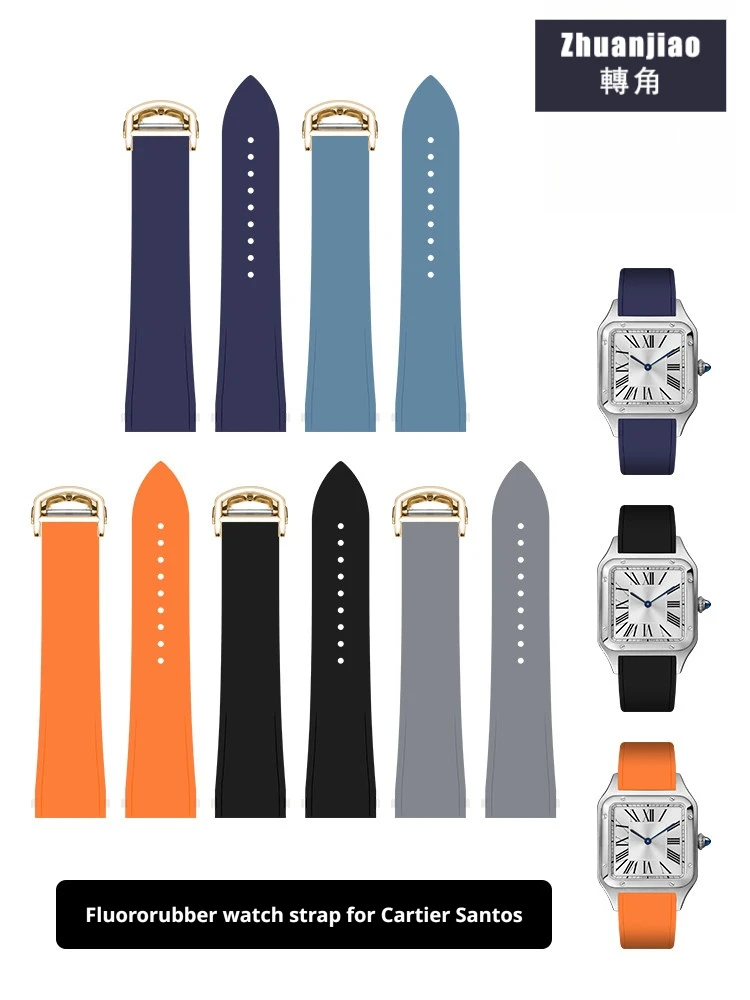 For Cartier Santos Medium Large soft FKM watch strap 19/21 mm quick release metal insert watchband fluororubber strap