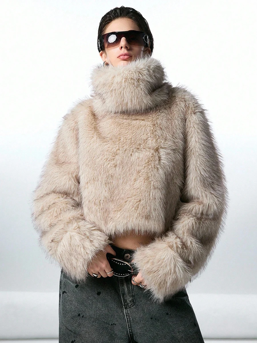 2026 Autumn Winter Women Faux Fur Top High Cowl Neck Fluffy Long Hair Cropped Pullover Y2K Sweater