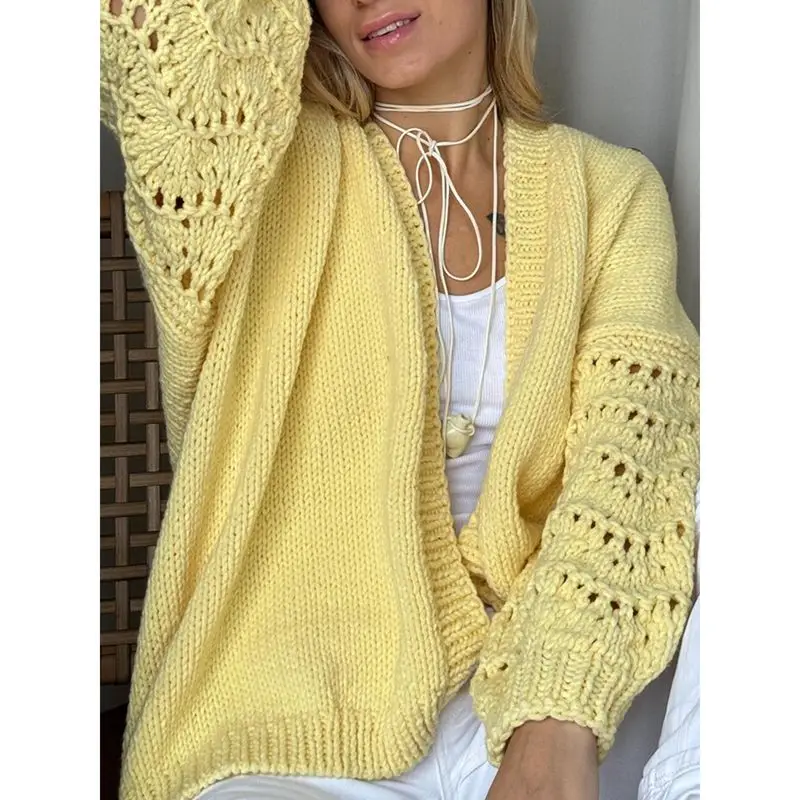 

Combhasaki Women Y2K Chic Knitwear Cardigan Long Sleeve Hollow Out Open Front Solid Color Casual Loose Fit Jacket Sweater Coat