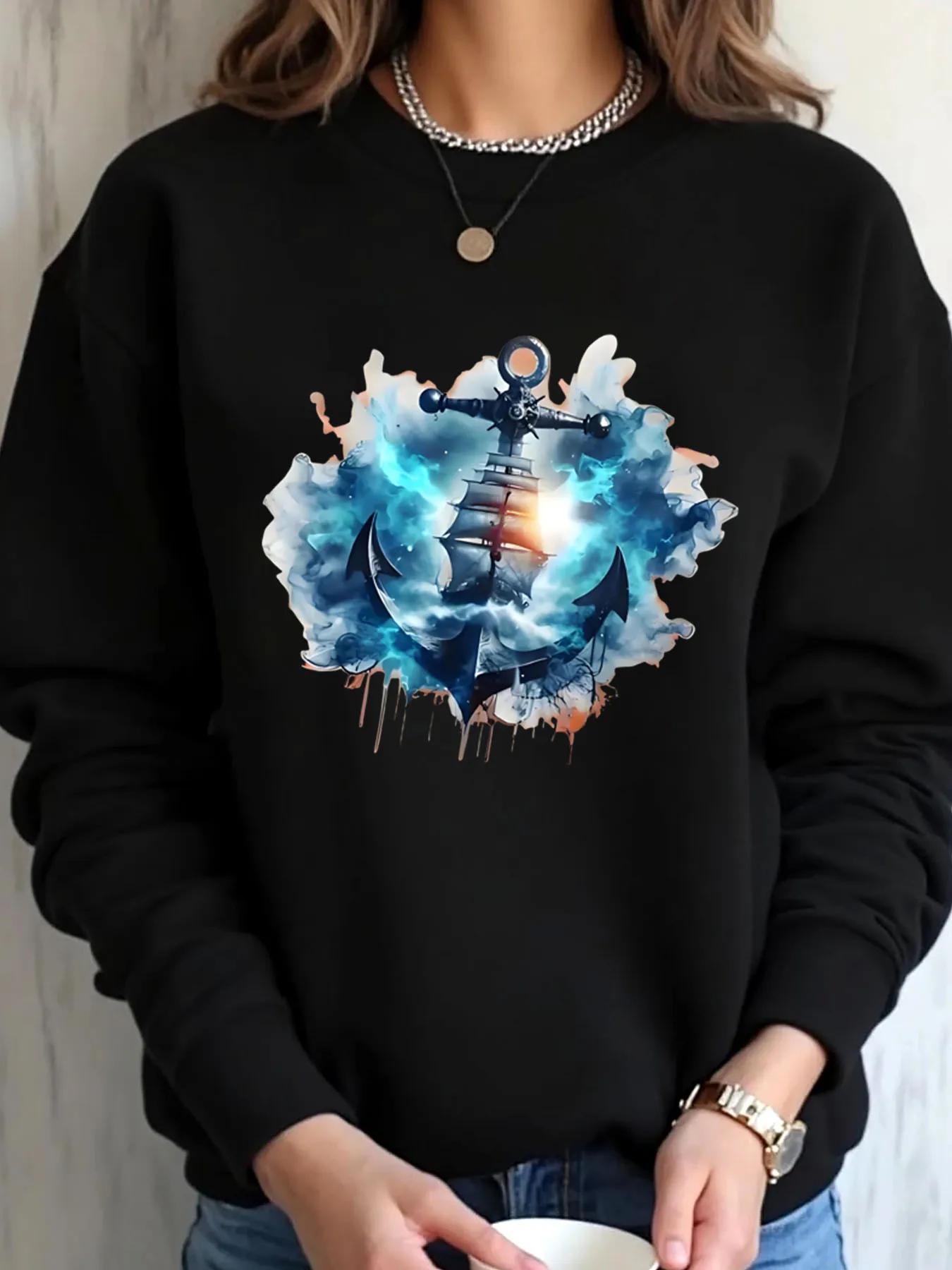 

Женская толстовка большого размера на Хэллоуин с принтом якоря и корабля, верхняя одежда