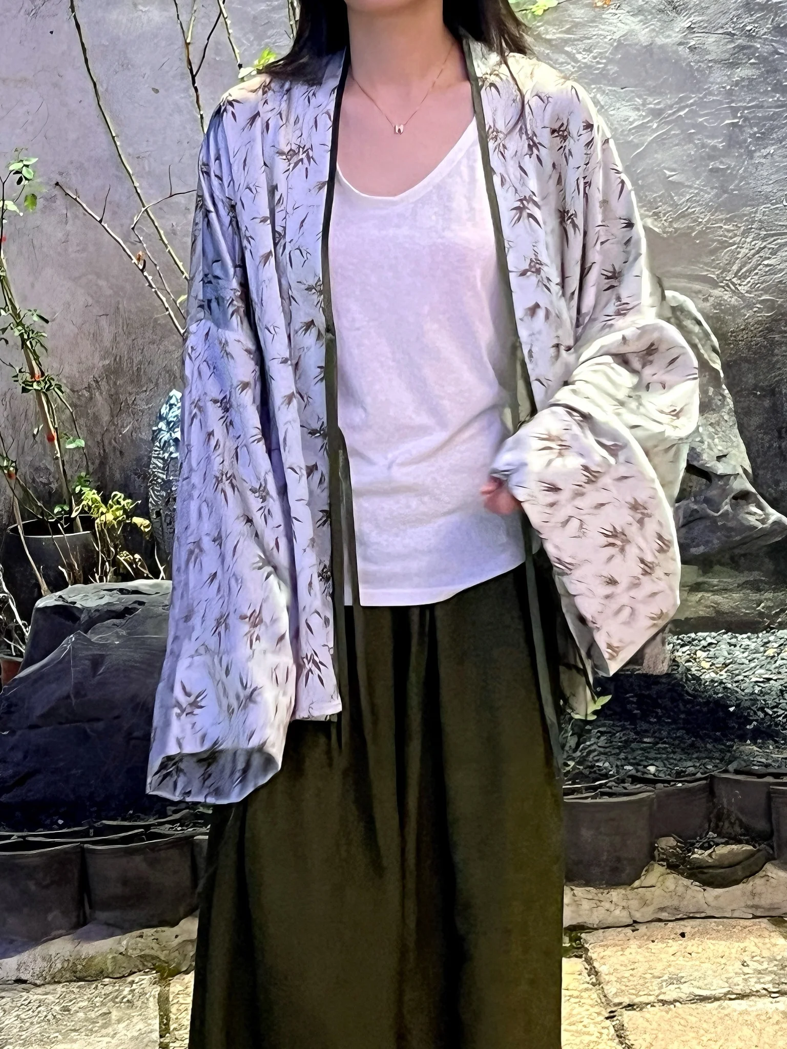 

Шелковый кардиган Mingxing из 100% шелка с бамбуковым принтом, в стиле Ханьфу Дао Пао, с длинными рукавами, V-образным вырезом, весенняя мода