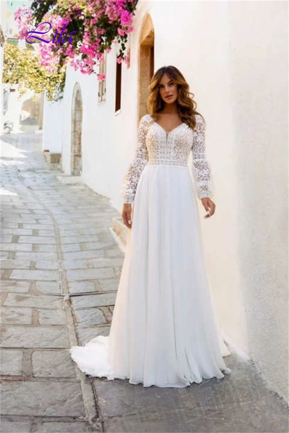 

Customized Formal White Chiffon Evening Dress Classic V-Neck Long Sleeves Prom Dress Fashion A-Line Court Train Homecoming Dress