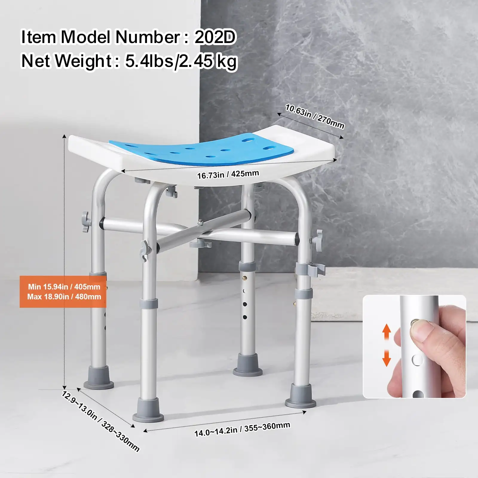 Shower Chair Height-Adjustable and Stable Designed for Use in Shower or Tub Features Non-Slip Seating for Seniors Disabled