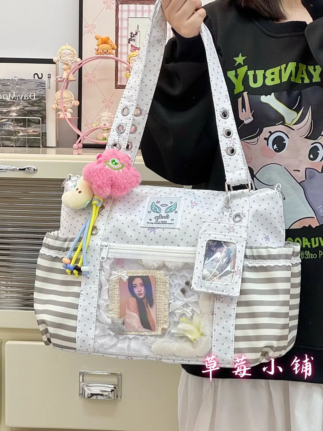 Striped White Dot Y2k Shoulder Bag Transparent Jk Ballet Girls Japanese Itabag High Capacity College Style Crossbody Bag Women