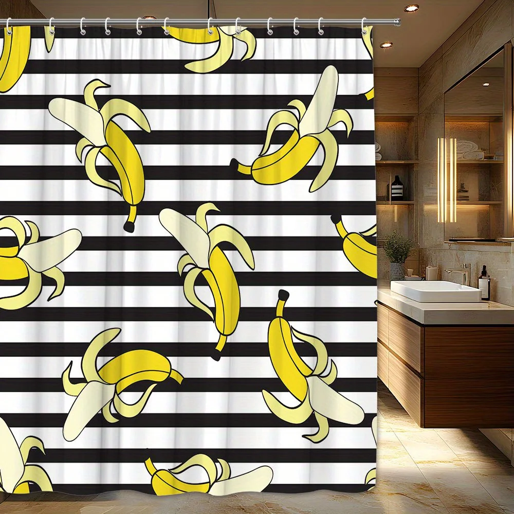 

1pc Retro Banana & Stripe Shower Curtain - Yellow Bananas on Black & White Stripes, Minimalist Playful Design, 70.87x70.87 Inch