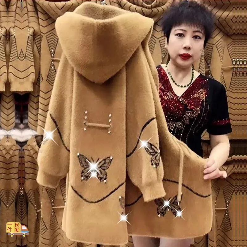 2022 Mother\'s Clothes Autumn Winter Long Thicken Imitation Mink Velvet Coat High End Middle Aged Elderly Women Knitted Cardigan