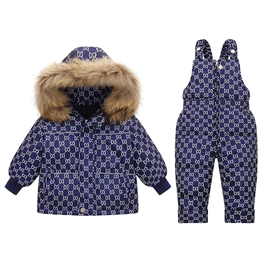 2023 Winter New 2 3 4 Years Baby Kids Clothing Thick Fur Hooded Jacket+Overalls Suit 2Pcs Duck Down Set for Kids Girls Boys