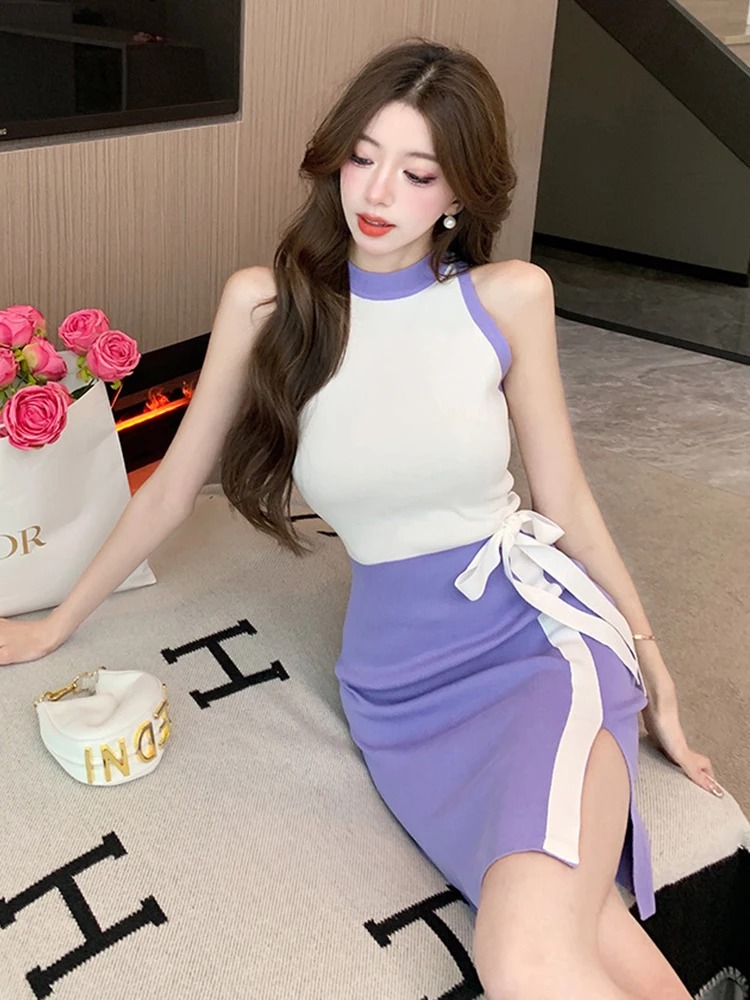 Delle donne Falso 2 Pezzi Maglia Sexy Senza Maniche Aderente Skinny Abito Corto O-Collo Sottile Cravatta Divisa Mini Abiti Mujer Partito Casual Nuovo