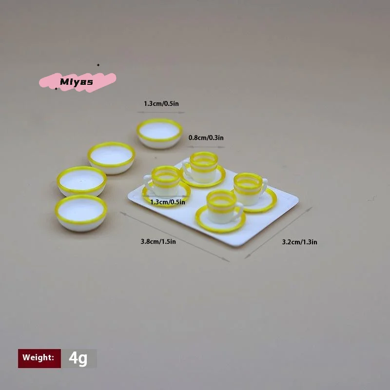 13Pcs Dollhouse Miniature Tableware Set with Tray 4 Cups 4 Dishes 4 Plates Simulation Mini Food Kitchenware for Doll House Acces