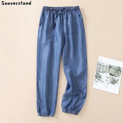 Sznurek Oversize 5xl cienka workowate dżinsy elastyczny, wysoki talia Jogger spodnie dżinsowe Streetwear Pantalones Casual Vaquero kobiety Capris