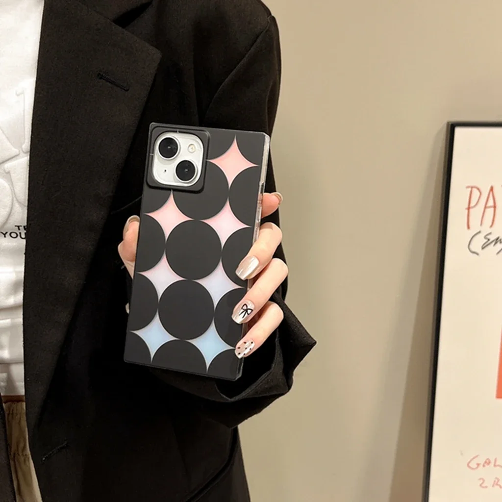 Stylish Illusion Color Full Screen Black Polka Dot Polaris Rectangle Corner Cover Case For iPhone 16 15 14 13 12 Pro Max