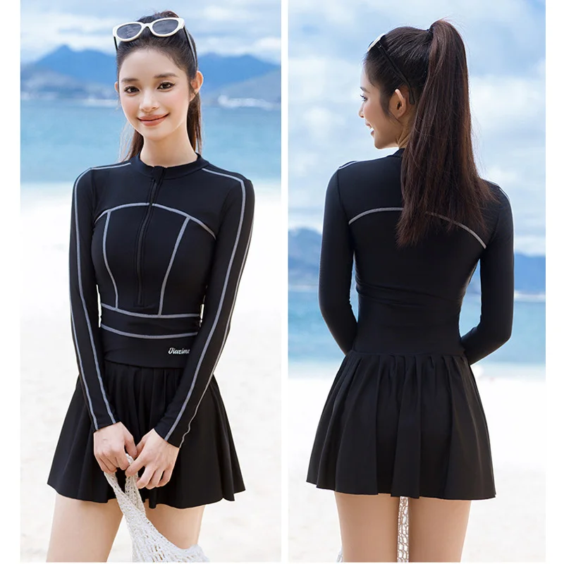 

Women's Swim Skirt+Boyshorts One Piece Rash Guard Long Sleeve Modest Swimsuits Dress Zip Front Bathing Suit Full Cover Sunsuit
