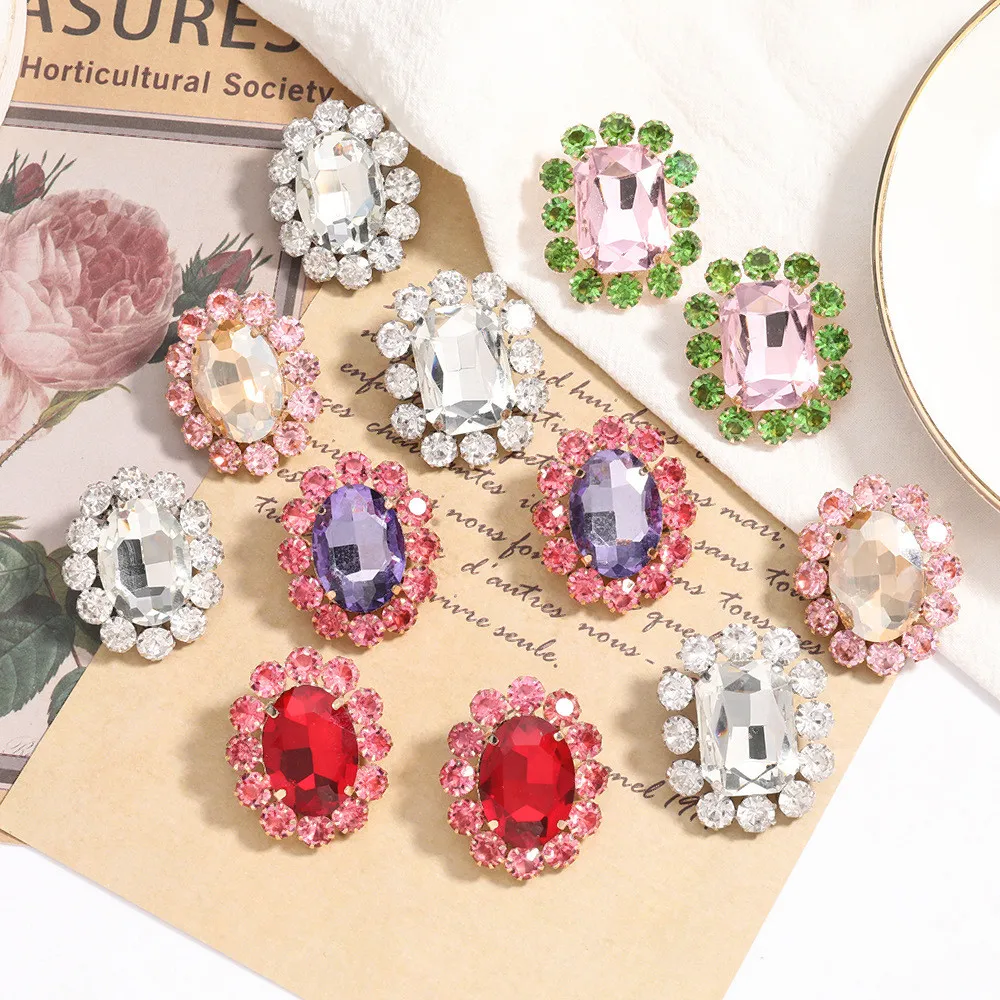 Creative Crystal Big Oval Square Round Stud Earrings Party Jewelry for Women Luxury Rhinestone Geometric Wedding Stud Earrings