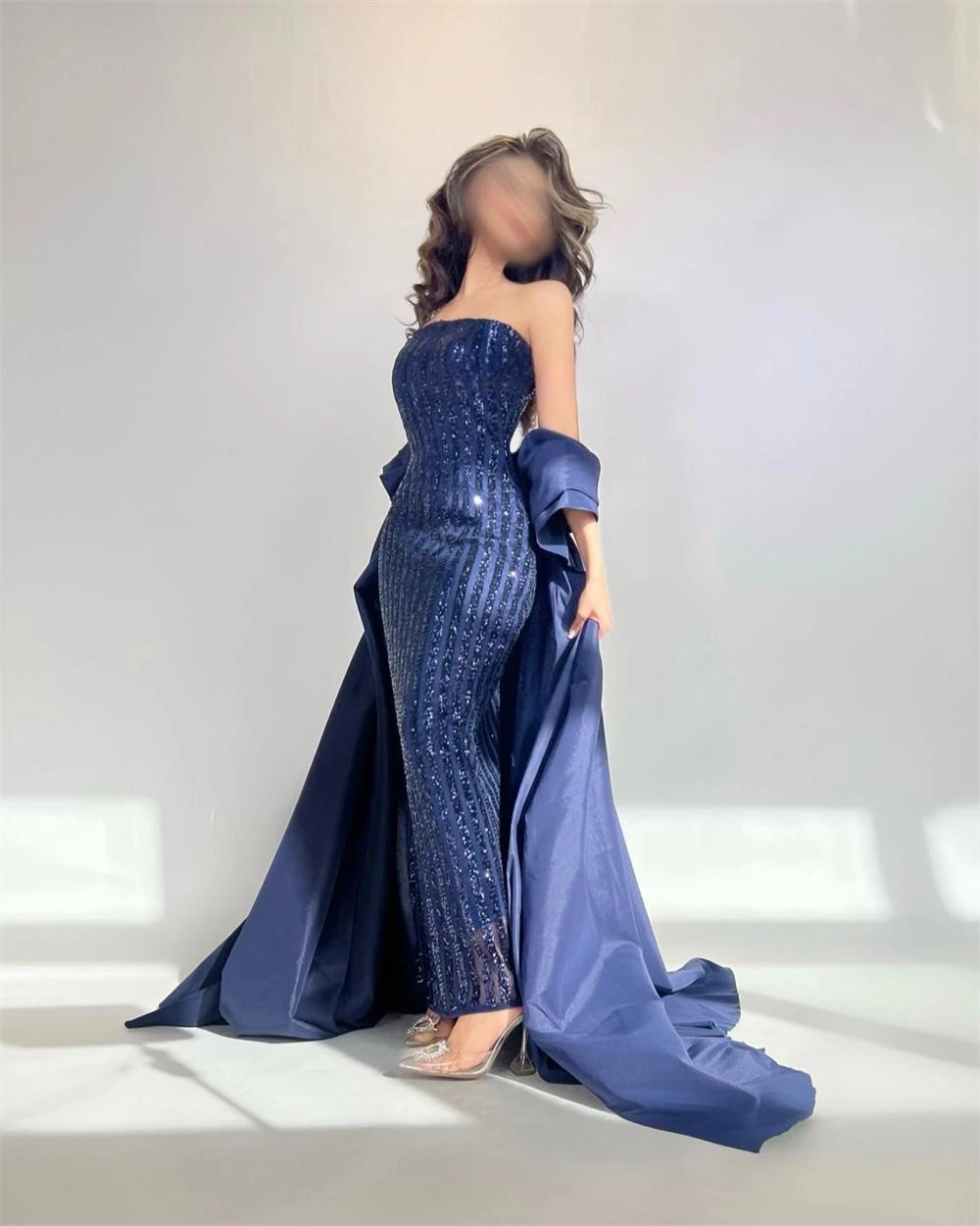 Navy Blue Sequins Satin Trumpet Evening Dresses with Train Off Shoulder Ankle-Length Formal Dress for Juniors A-Line vestidos
