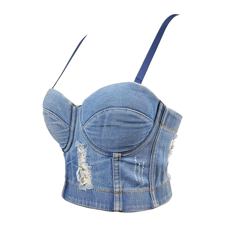 Women Denim Corset Top Sexy Bandage Beading Diamond Crop Top Slim Jean Bustier Camisole Night Club Party Tank Top Female Clothes