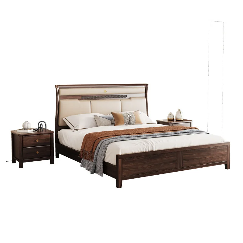 

Modern wind solid wood bed, soft bag storage ebony double bed master bedroom