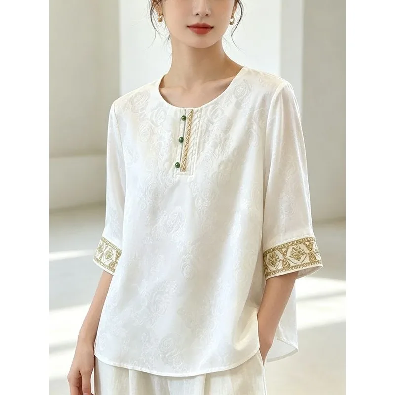 

Women New Chinese Jacquard 3/4 Sleeve Blouse Loose Plus Size Slim Fit Casual Top