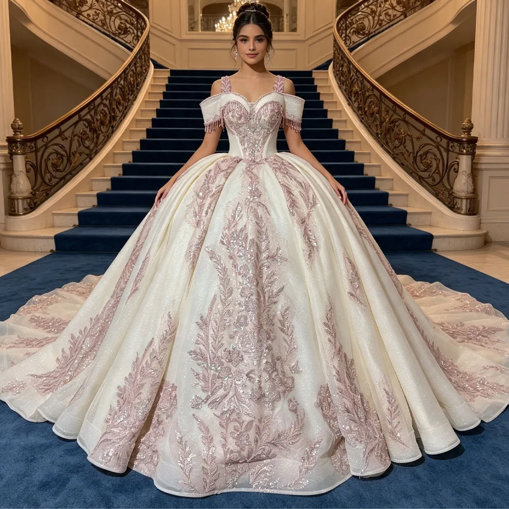 Champagne Ball Gown Quinceanera Dress Pink Lace Straps Evening Dress Sweetheart Off Shoulder Vestidos De 15 Quinceañera