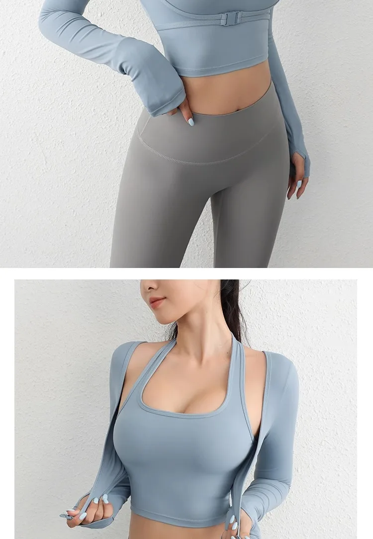 Herbst Sport Damen Oberteile Modische Langarm-Trainings-Tops mit Daumenlöchern Fitness Crop Yoga-Top – Detail 20