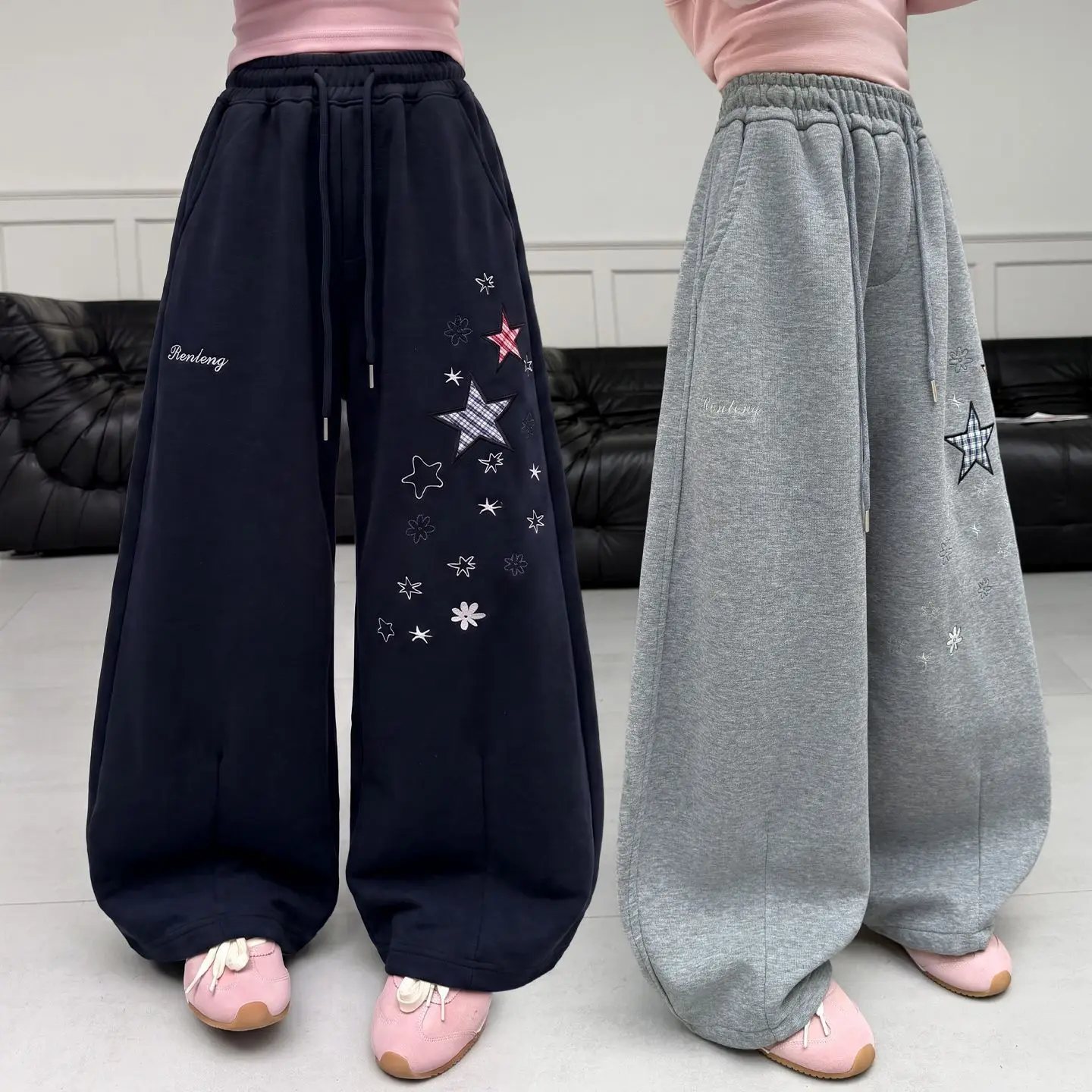 Girls Stylish Pants With Flower Embroidery For Children High Fashion Tousers Kids Loose Casual Streetwear Sweatpants Track Pants