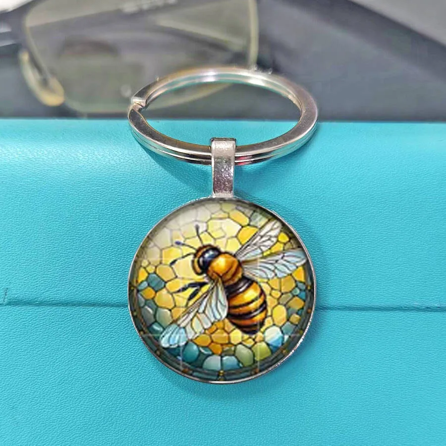 Stained Glass Bee Daisy Glass Keychain Honeycomb Floral Mosaic Nature Round Key Pendant Bag Accessory Gift