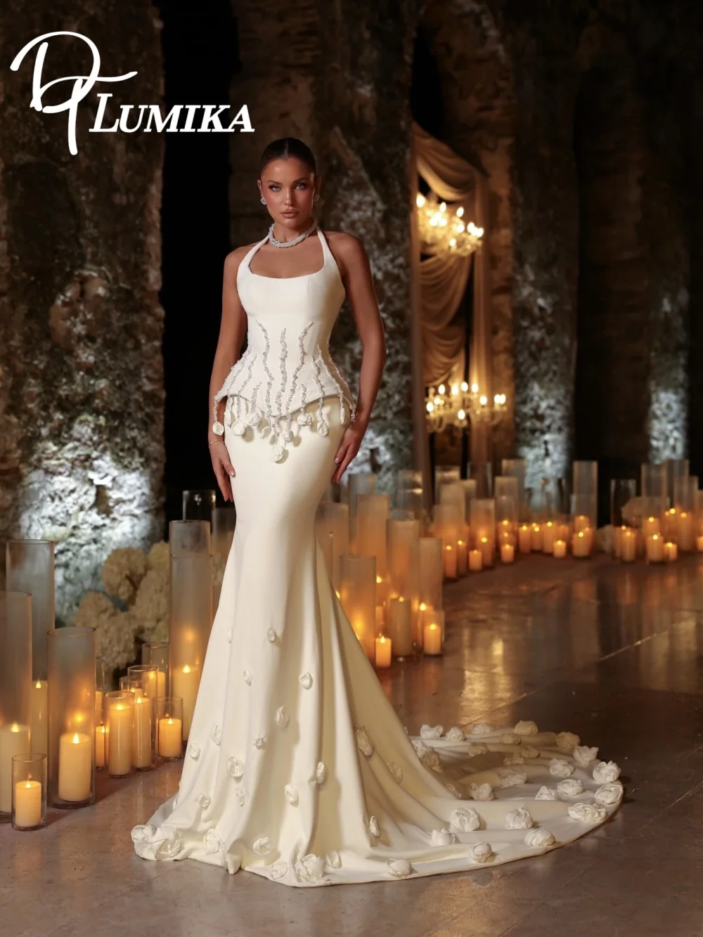 Exquisite 3D Floral Appliqué Mermaid Wedding Dress 2026 Dreamy Halter Neck Satin Cathedral Train Bridal Gown Vestidos De Novia