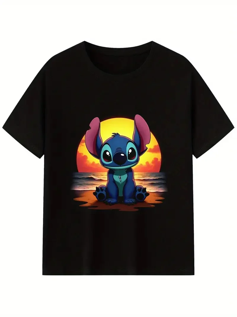 

2025 Disney Pattern Printed Women's Casual Comfortable Unique Smiling Face Black Round Neck Short Sleeve T-shirt
