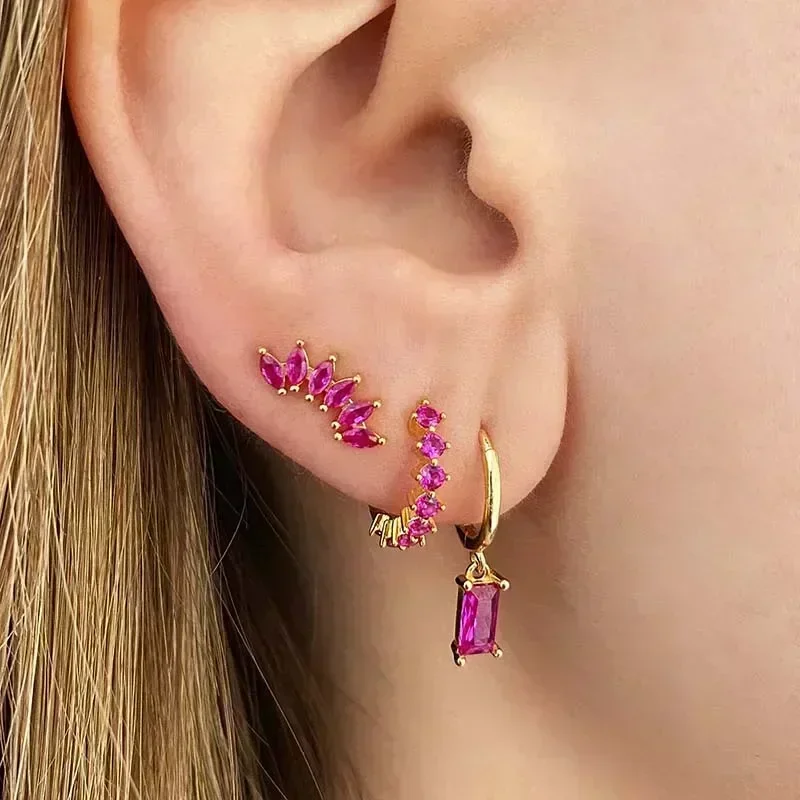 925 Sterling Silver Ear Needle Rose colors Zircon Hoop Geometric Pendant Earrings for women Luxury Fashion Wedding Jewellery2023