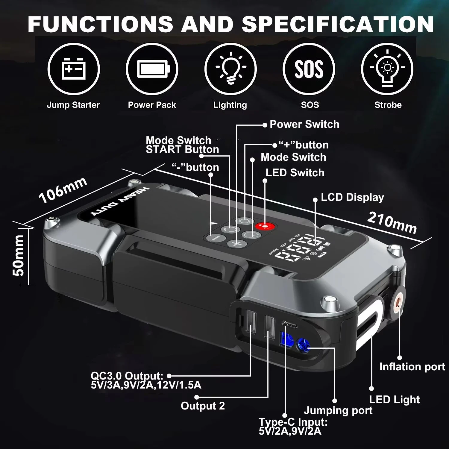 6 in 1 Car Jump Starter Kit Battery Booster Jump Starter Power Bank  Lithium Battery Car Jump Starter With Tire Inflator