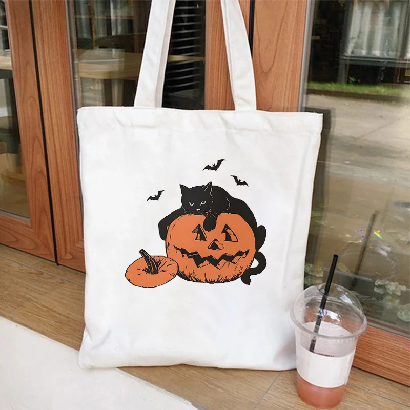 Canvas Tote Bag for Women Black Cat Society Print Handbag Teen Casual Basic Pumpkin Halloween Gift Tote Bag Female Shoulder Bag