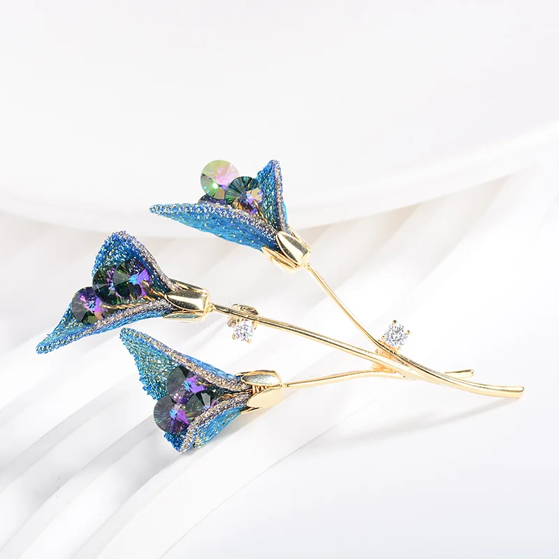 Chinese Style Exquisite Sparkling Blue Purple Crystal Tulip Brooch Golden Stem Lucky Auspicious Blessing Gift For Women Suit Pin
