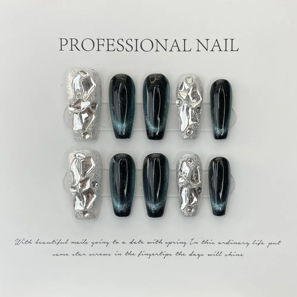 Handmade Korean Luxury Press on Nails with Design Reusable Adhesive Cat Eye False Nails Artifical Nail Tip Stick-on Nail Art Y2K