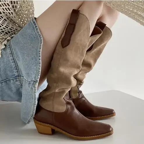

New Girls Brown Black Leather Cloth Patchwork Small Square Toe 5 Cm Chunky Heels Tube Slip On Knee High Boots Women Long Botas