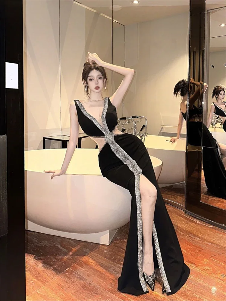 ハイエンドなホローアウトセクシーマキシドレス、女性用ディープVネック、キラキラ輝くスパンコールトリム、ロングパーティードレス、カットアウトウエスト、フォーマルイブニングドレス