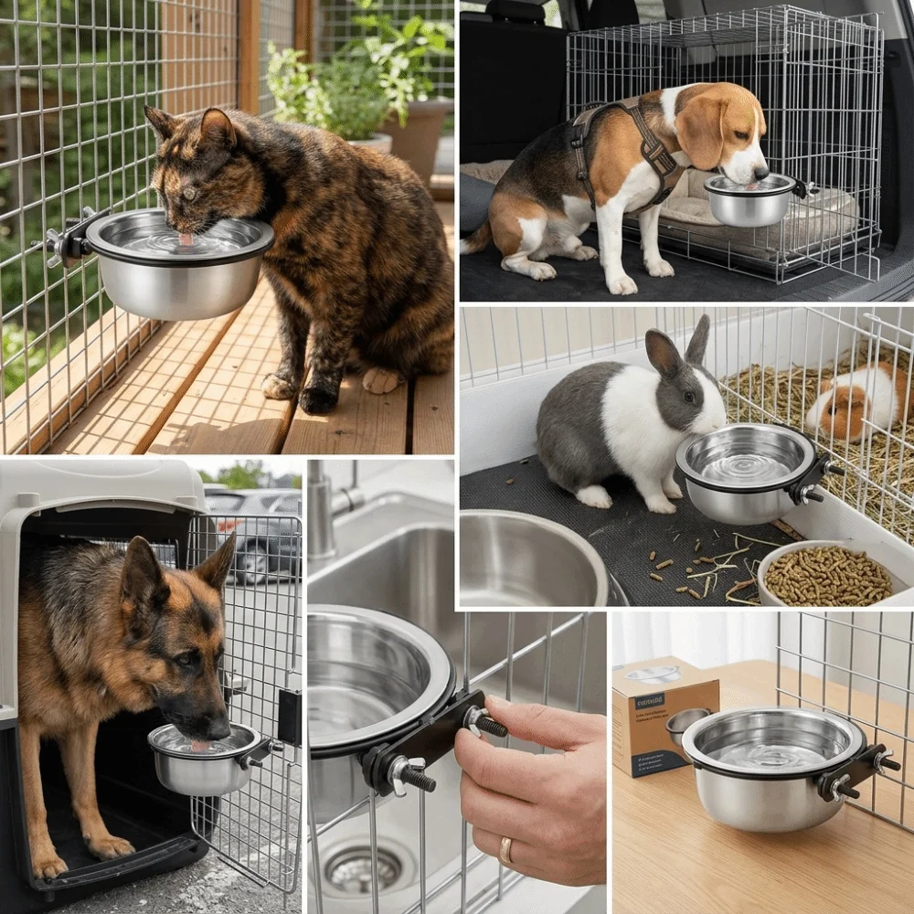 Stainless Steel Inner Pet Hanging Bowl Crate Hanging Mount Fixed Anti-slip Build Durable Polished Metal Bowl Smooth Round Shape