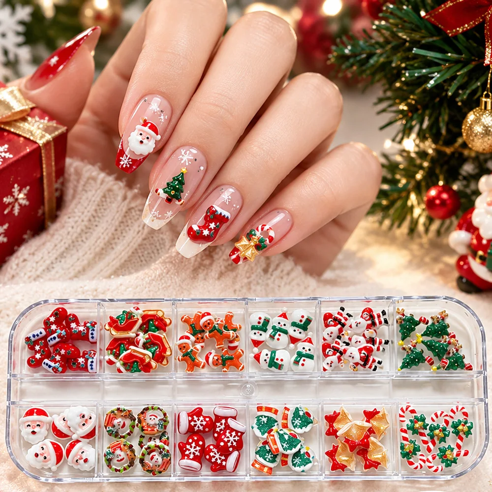 12 Grids 3D Christmas Nail Charms Santa Claus Gingerbread Man Bell Xmas Tree Nail Art Decoration Winter Holiday Manicure Parts