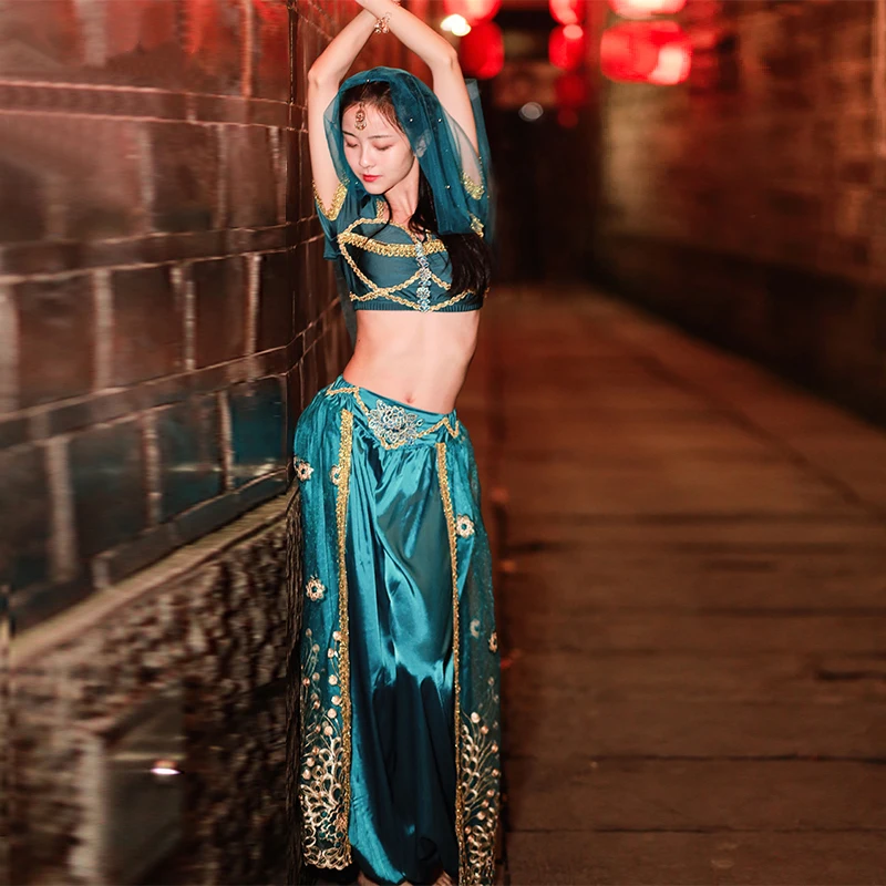 Bauchtanz Genie Jasmine Arabische Bauchtänzerin Prinzessin Aladdin Kostüm Halloween 2-teiliges Set (Oberteilhose)