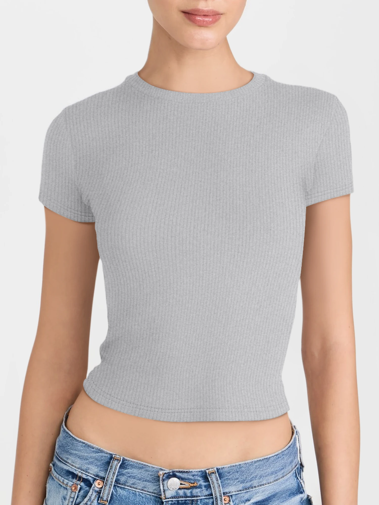Capsule‑Wardrobe Essential Ribbed Cropped Short‑Sleeve Shirt, Shape‑Retaining Crew‑Neck Top for Versatile Daily Combinations
