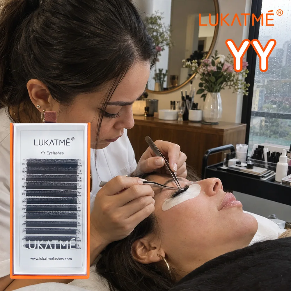 LUKATME YY Eyelash Extensions Wispy Premade Fans, Natural YY Black Lash Clusters C/D/M Curl Easy Fan Lashes 7-15mm for Salon