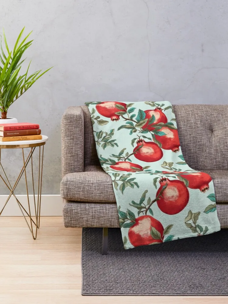 Vintage Botanical Illustration of Pomegranate (Punica granatum), Seamless Pattern Merchandise Throw Blanket Soft Plaid Blankets