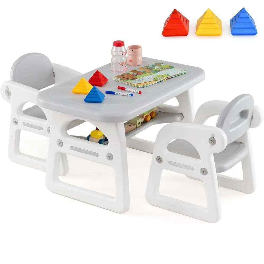 

Kids Table and Chair Set, 3Piece Plastic Activity Table with Building Blocks, Storage Shelf for Children Reading, Drawing, Writ