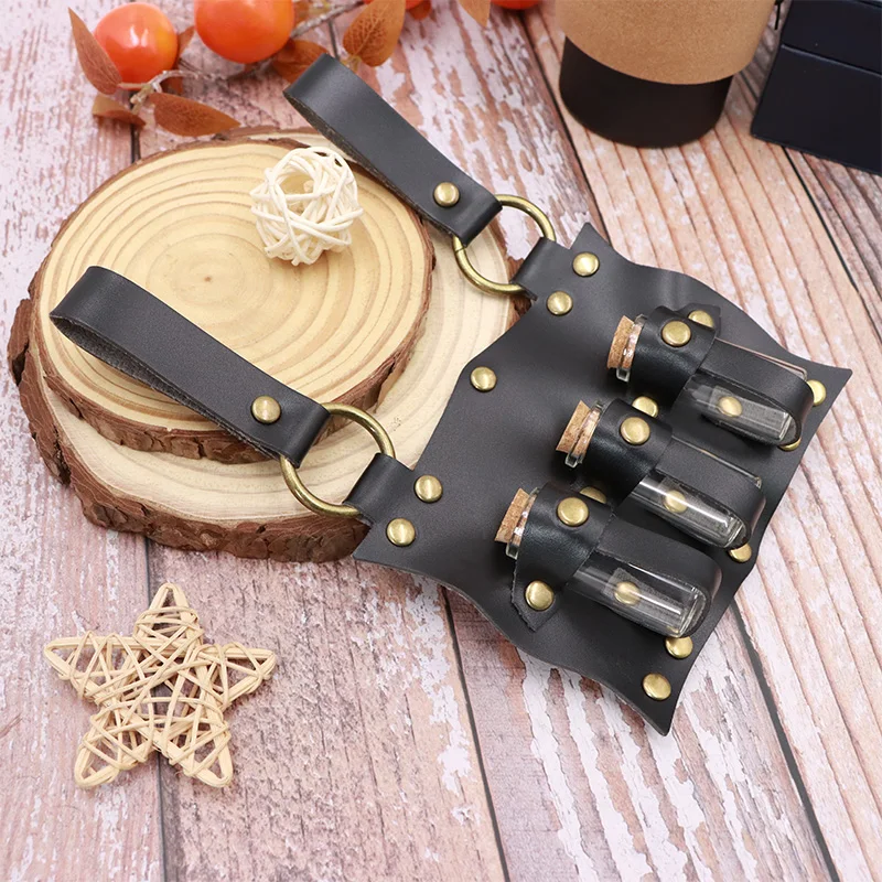 Vintage Medieval Potion Bottle PU Leather Holster, 3 Slots Mini Glass Vial Waist Hanger, Cosplay LARP Belt Accessory Holder