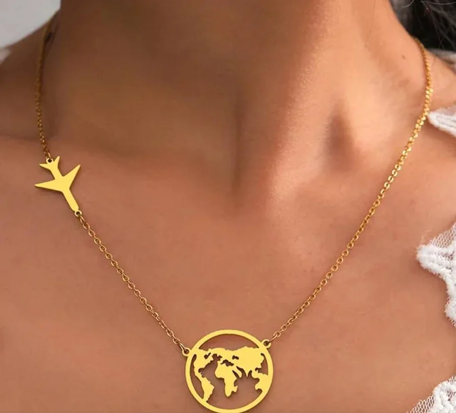 Minimalist Gold Color Personal Aircraft Global Map Necklace Earring Set For Women Metal Charm Chain Jewelry Gifts Custom Jewelry