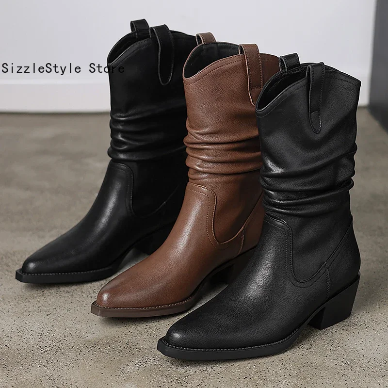 Fashion Soft Leather Pointed Toe Solid Color Pleated Decoration Comfortable Thick Heel Women's One-step Mid-tube Western Boots