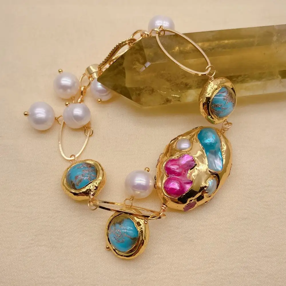 

YYGEM 25x36 мм разноцветный жемчуг 10,5 мм белый круглый пресноводный жемчуг синий муранское стекло позолоченный браслет-цепочка