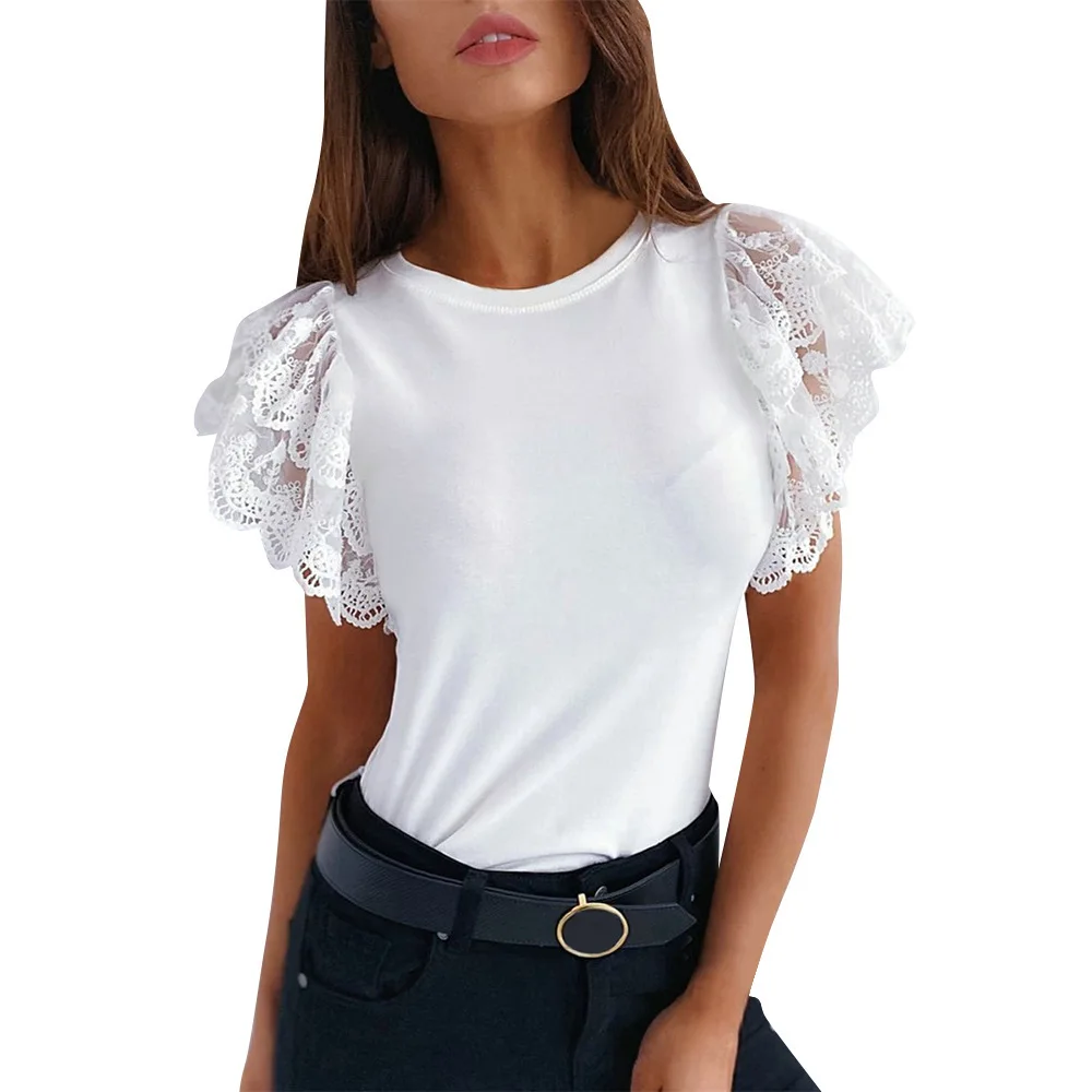 Elegante T-shirt da donna 2024 estate Sexy solido girocollo in pizzo manica corta Top T-shirt bianca Camisetas magliette Top Feminina