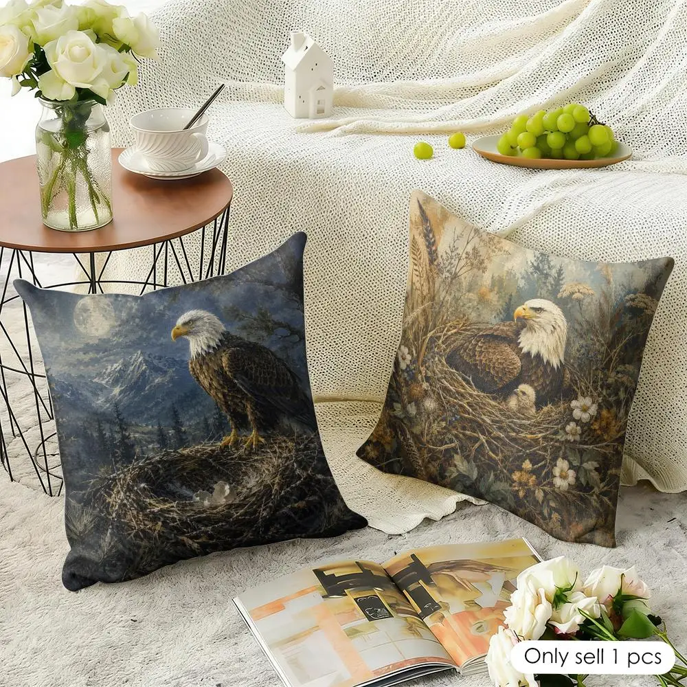 Vintage Bald Eagle Nest Cushion Cover Natural Linen Organic Fabric Double-Sided Printing Breathable Perfect For Home Decor