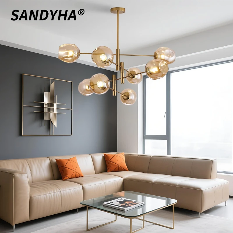 SANDYHA Moderne LED-kroonluchter Elegante Scandinavische hanglamp met glazen bol Lampenkap voor woonkamer Slaapkamer Eetkamer Stijlvol