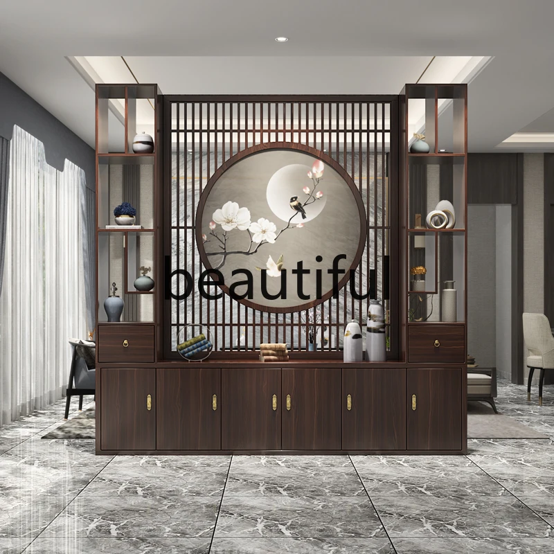 

New Chinese-style screen partition cabinet restaurant solid wood household rack office shelter entrance cabinet